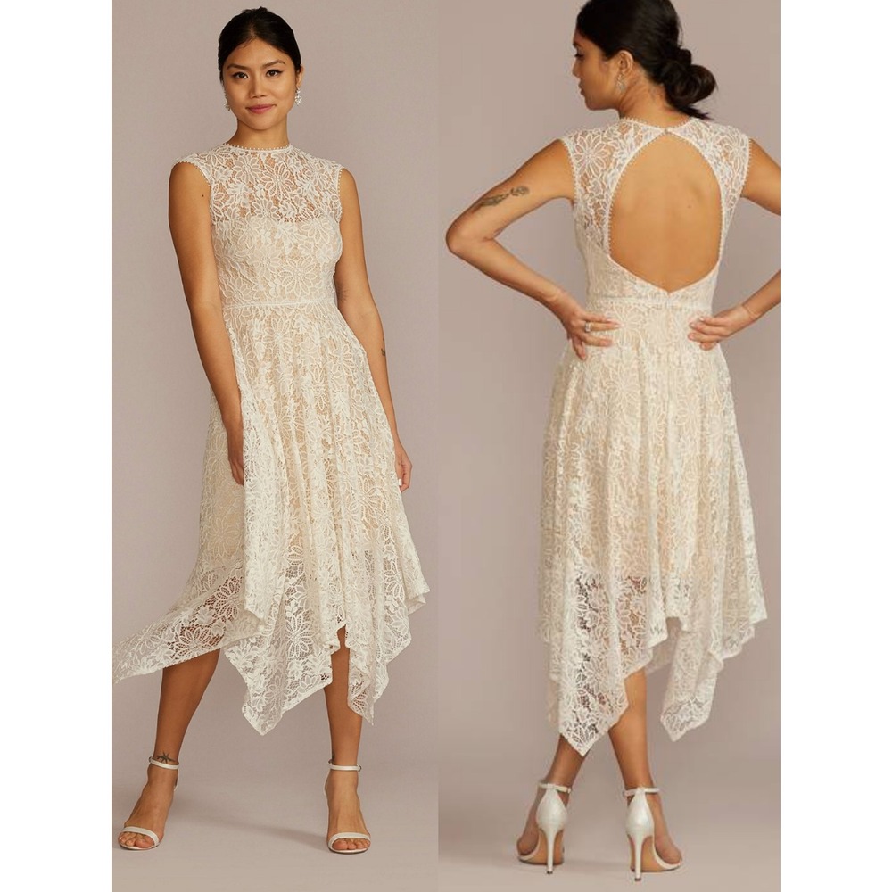 DB Studio Ivory White High Neck Floral Lace Asymmetrical Hem Midi Dress Size 6